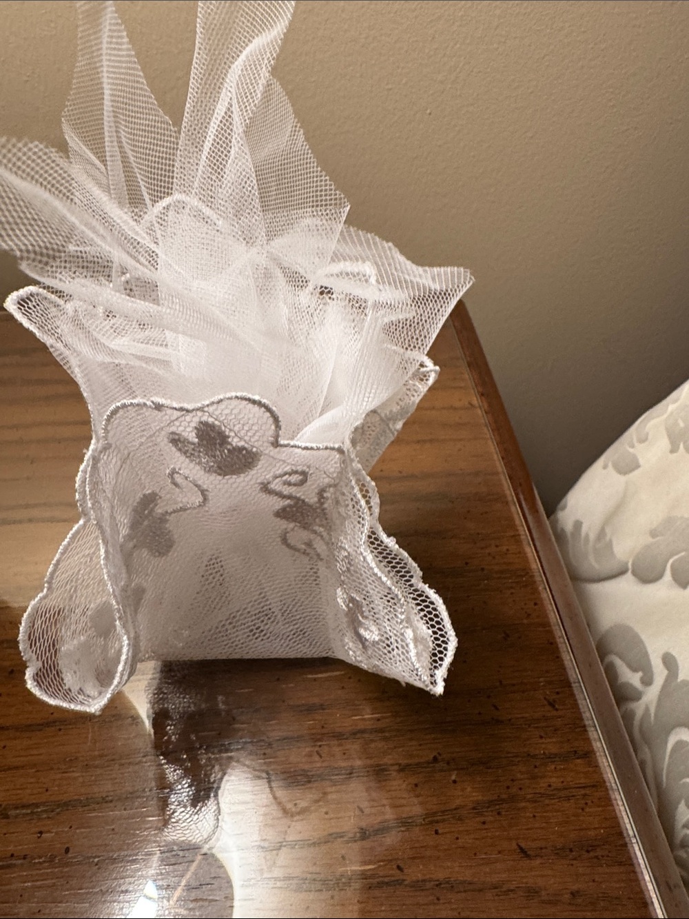 White Tulle Favor Bag w/ Embroidered Trim - Elegant Event Favor
Set of 12